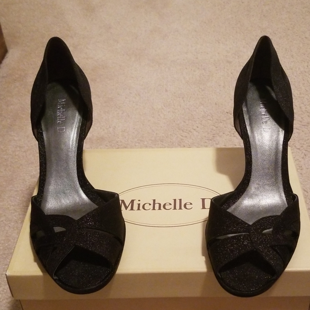 Michelle D Glitzy Black Satin Heel Size 9M